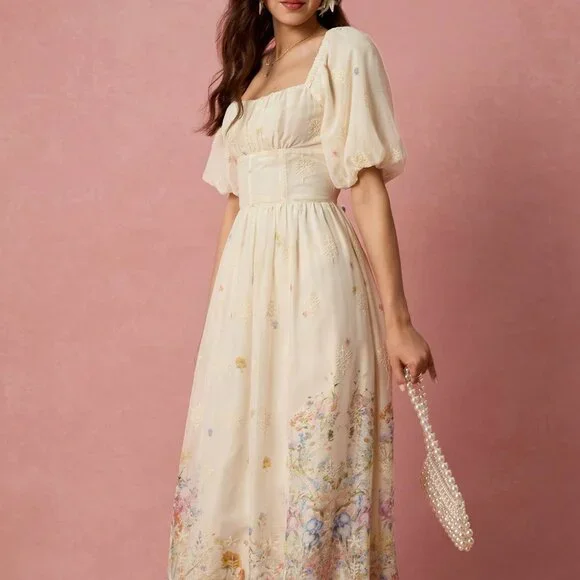 Multicolor Apricot Elegant Romantic Floral Women's Maxi Dress - Picture 8 of 8